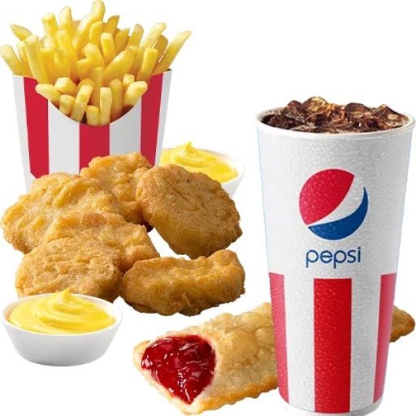Картофель Фри стандартный + Наггетсы + напиток на выбор 0,5 л + Пирожок + 2 Соуса порционных на выбор за 249 рублей